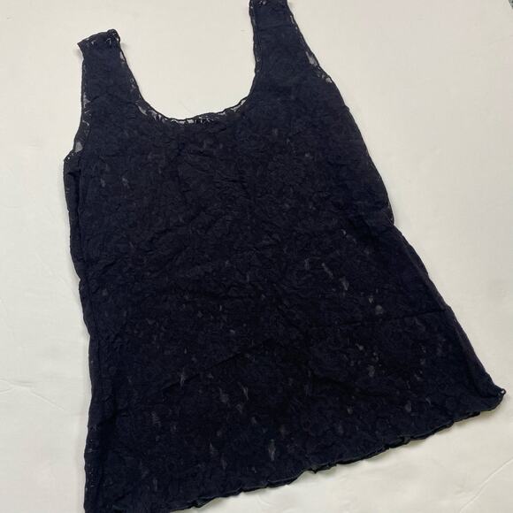 Black floral lace fully sheer lettuce hem cami/tank top size M - Picture 2 of 3